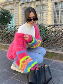Colorful Knit Short Cardigan With Puff Sleeves For Women