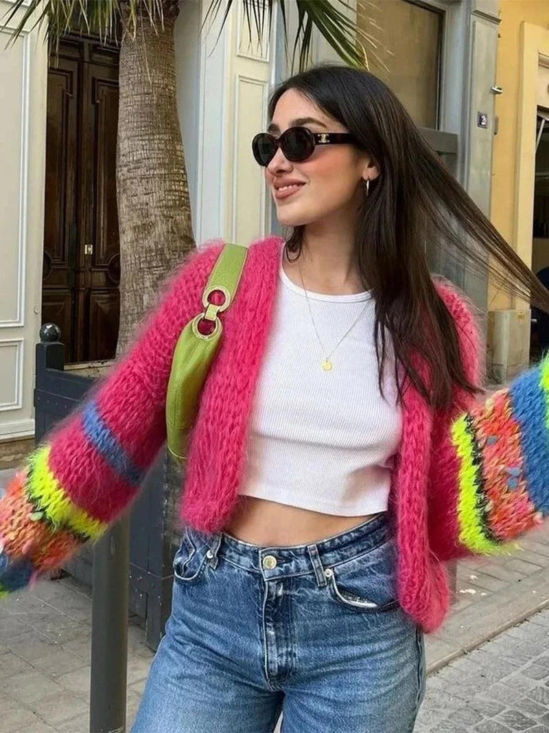 Colorful Knit Short Cardigan With Puff Sleeves For Women