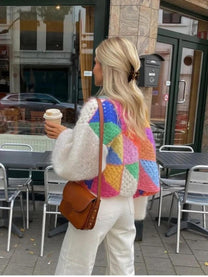 Colorful Knit Short Cardigan With Puff Sleeves For Women