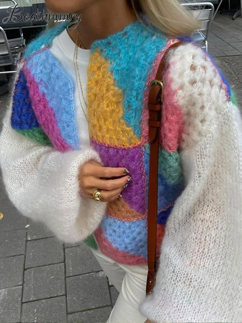 Colorful Knit Short Cardigan With Puff Sleeves For Women