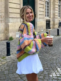 Colorful Knit Short Cardigan With Puff Sleeves For Women