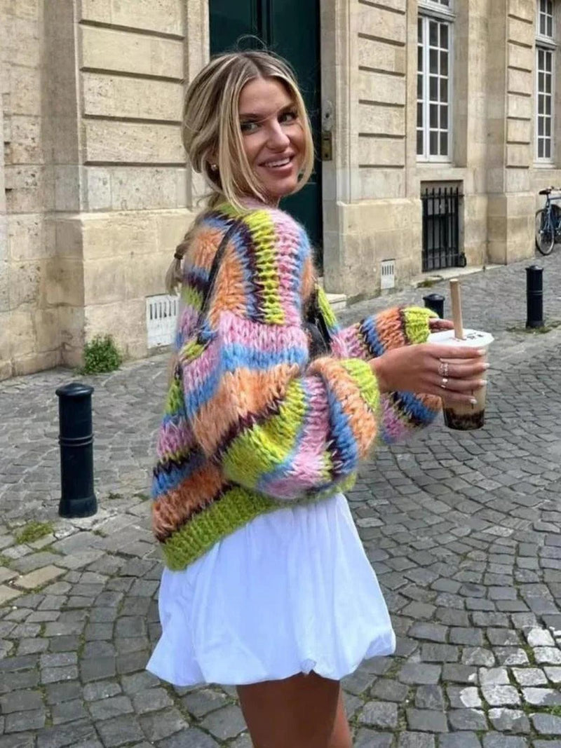 Colorful Knit Short Cardigan With Puff Sleeves For Women