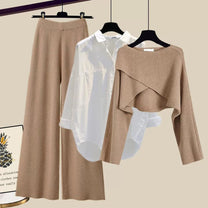 Comfortable Women&#39;s 3-Piece Set With Wide-Leg Trousers, Knitted Pullover, And Classic White Shirt