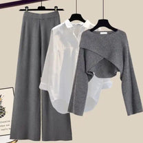 Comfortable Women&#39;s 3-Piece Set With Wide-Leg Trousers, Knitted Pullover, And Classic White Shirt