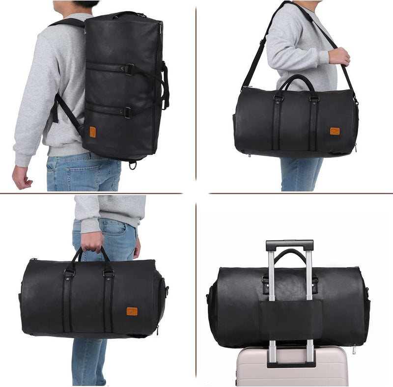 Convertible PU Leather Garment Duffel Bag with Waterproof Shoe Compartment