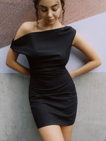 Cotton &amp; Linen Asymmetrical One Shoulder Mini Dress