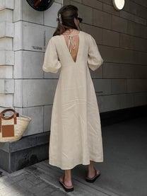 Cotton &amp; Linen V-neck Maxi Dress