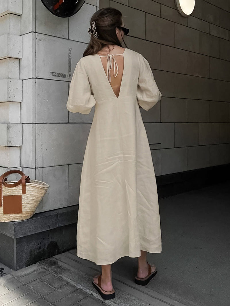 Cotton &amp; Linen V-neck Maxi Dress