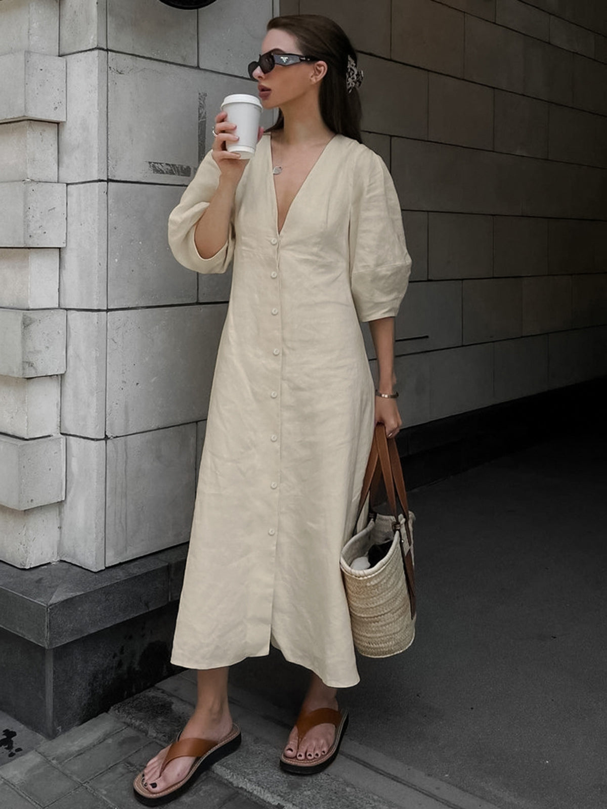 Cotton &amp; Linen V-neck Maxi Dress