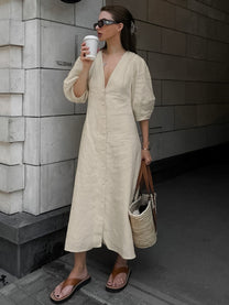 Cotton &amp; Linen V-neck Maxi Dress