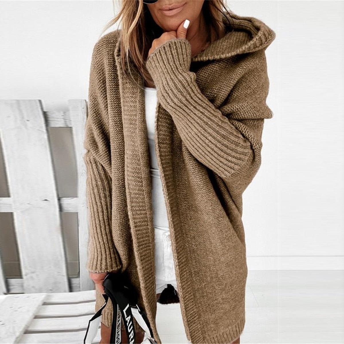 Cozy Hooded Oversized Cardigan With Batwing Sleeves