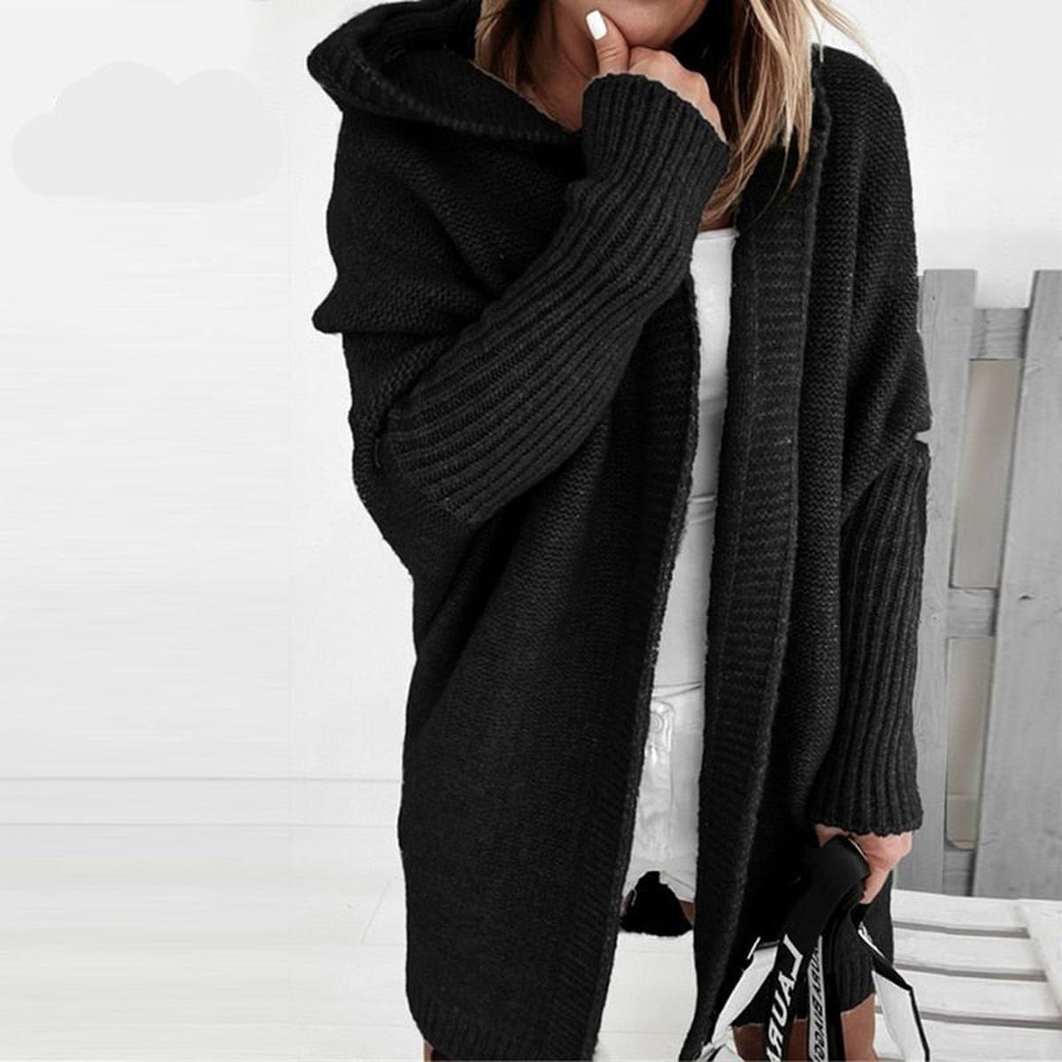 Cozy Hooded Oversized Cardigan With Batwing Sleeves