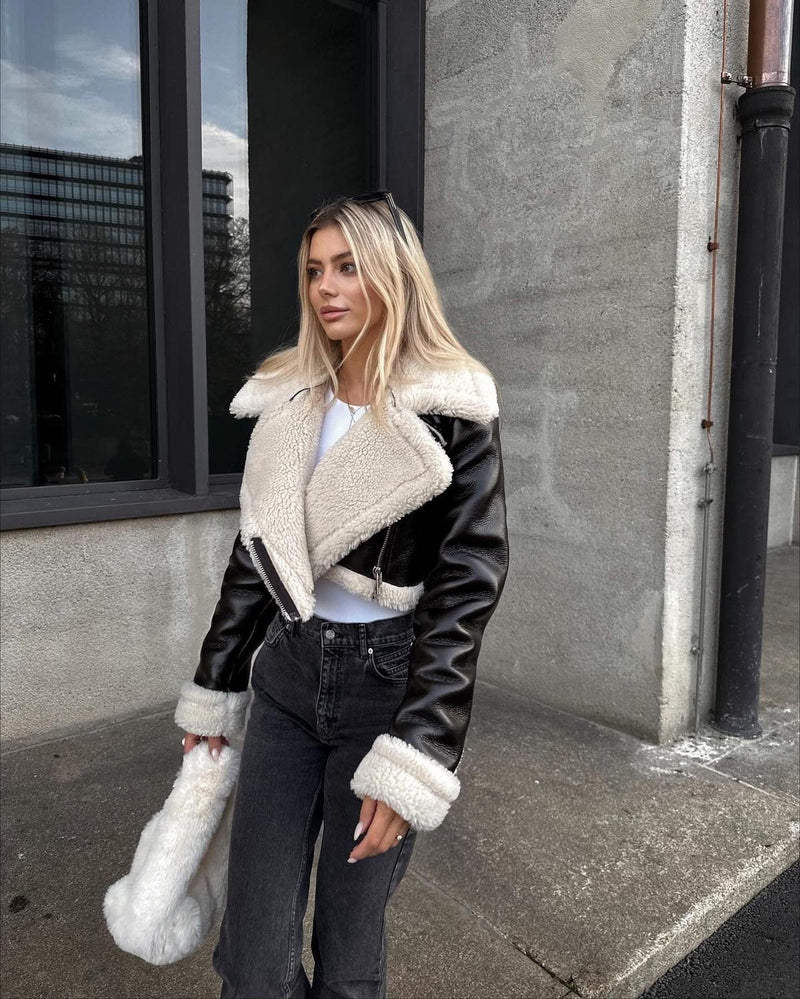 Cropped Faux Leather Shearling Jacket With Oversized Collar