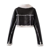 Cropped Faux Leather Shearling Jacket With Oversized Collar