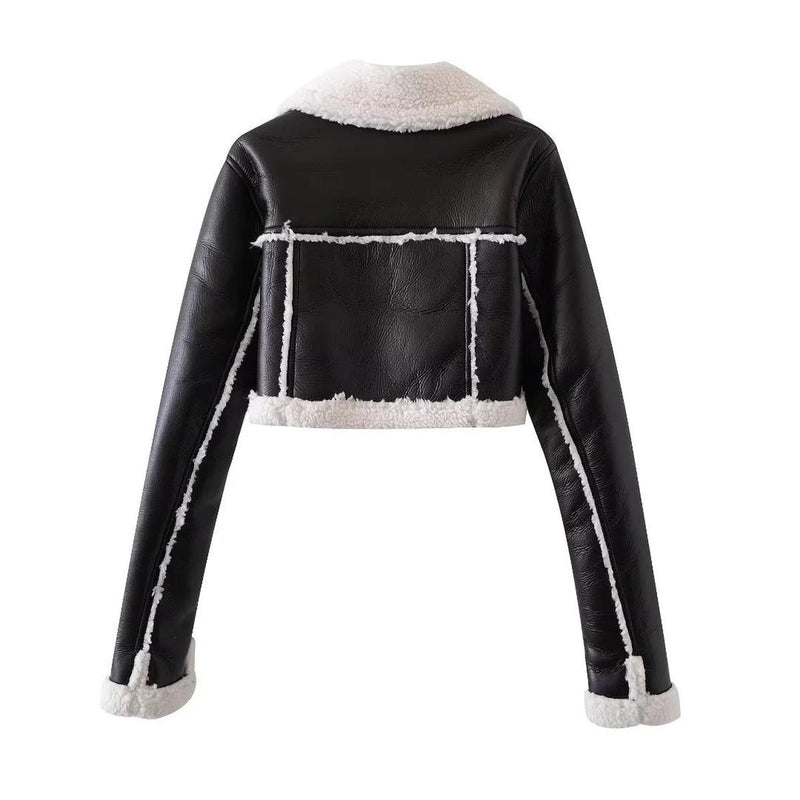 Cropped Faux Leather Shearling Jacket With Oversized Collar