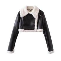 Cropped Faux Leather Shearling Jacket With Oversized Collar