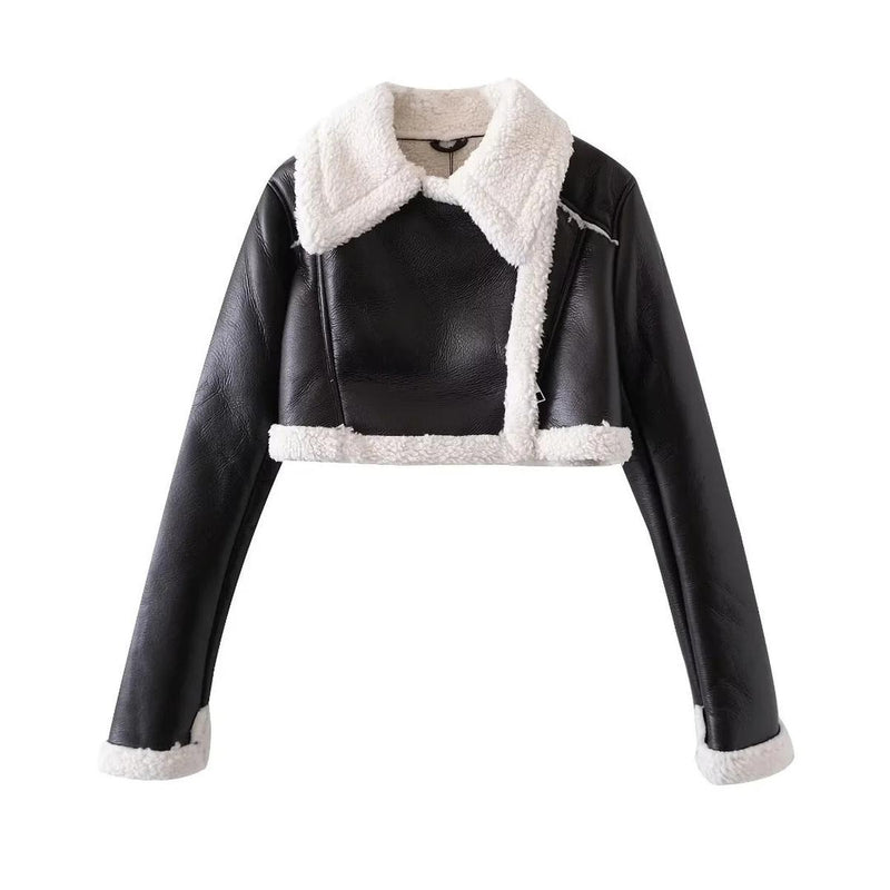 Cropped Faux Leather Shearling Jacket With Oversized Collar