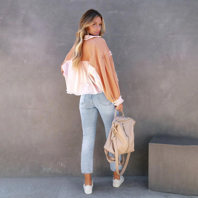 Cropped Waffle Knit Button Jacket For Women