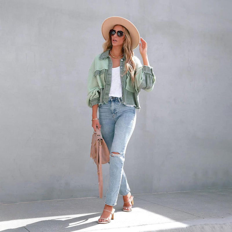Cropped Waffle Knit Button Jacket For Women