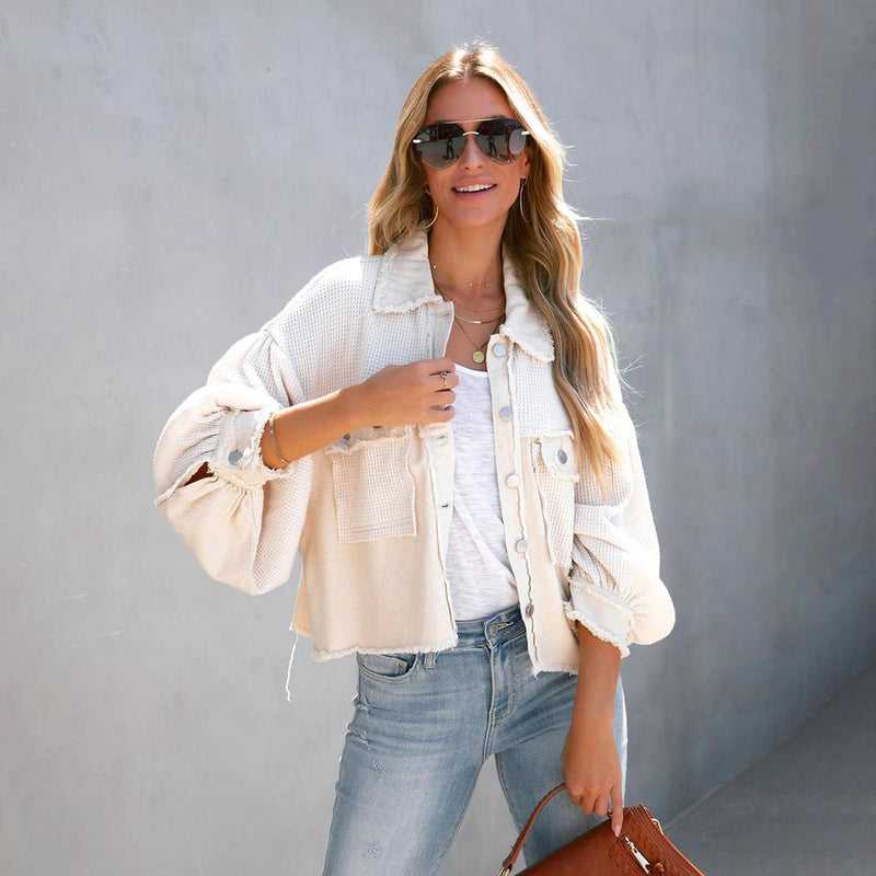 Cropped Waffle Knit Button Jacket For Women