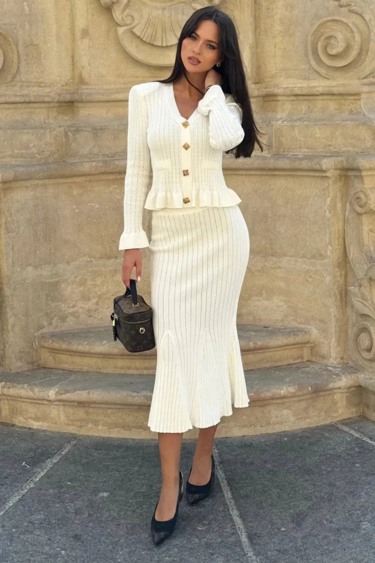 Crystal Buttoned Two-Piece Vest &amp; Skirt Set