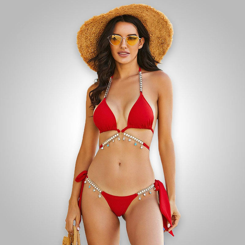 Crystal Diamond Embellished Bikini With Adjustable Straps