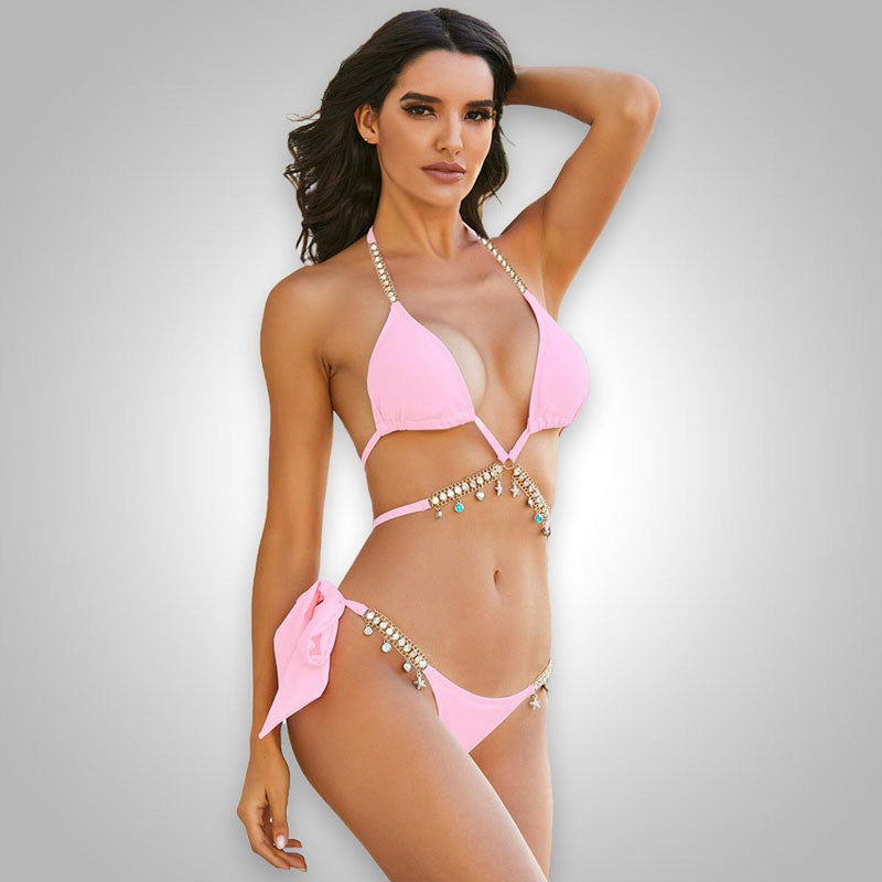 Crystal Diamond Embellished Bikini With Adjustable Straps