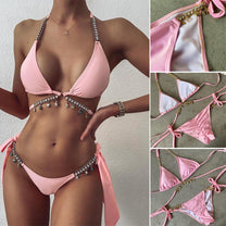 Crystal Diamond Embellished Bikini With Adjustable Straps