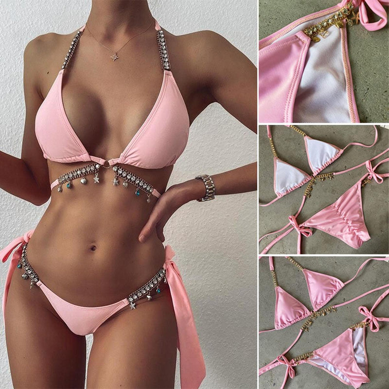 Crystal Diamond Embellished Bikini With Adjustable Straps
