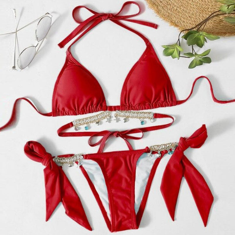 Crystal Diamond Embellished Bikini With Adjustable Straps