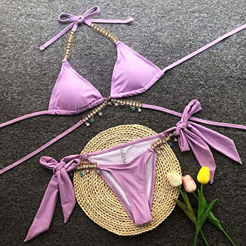 Crystal Diamond Embellished Bikini With Adjustable Straps