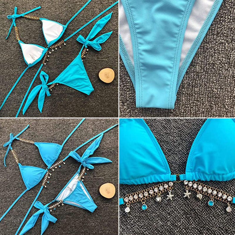 Crystal Diamond Embellished Bikini With Adjustable Straps