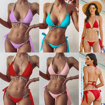 Crystal Diamond Embellished Bikini With Adjustable Straps