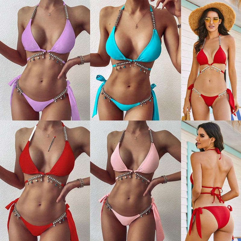 Crystal Diamond Embellished Bikini With Adjustable Straps