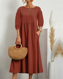 Damen Midi Dress With Round Neckline And Lantern Sleeves