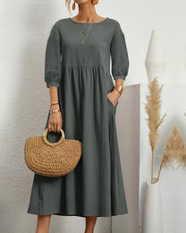 Damen Midi Dress With Round Neckline And Lantern Sleeves