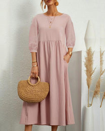 Damen Midi Dress With Round Neckline And Lantern Sleeves