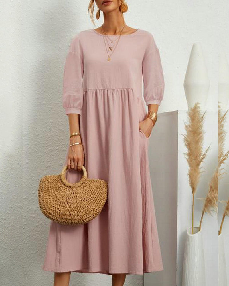 Damen Midi Dress With Round Neckline And Lantern Sleeves