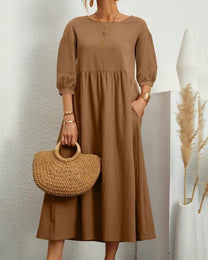 Damen Midi Dress With Round Neckline And Lantern Sleeves