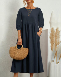 Damen Midi Dress With Round Neckline And Lantern Sleeves