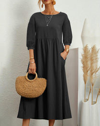 Damen Midi Dress With Round Neckline And Lantern Sleeves