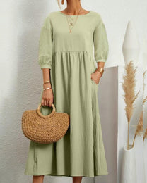 Damen Midi Dress With Round Neckline And Lantern Sleeves