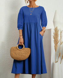Damen Midi Dress With Round Neckline And Lantern Sleeves