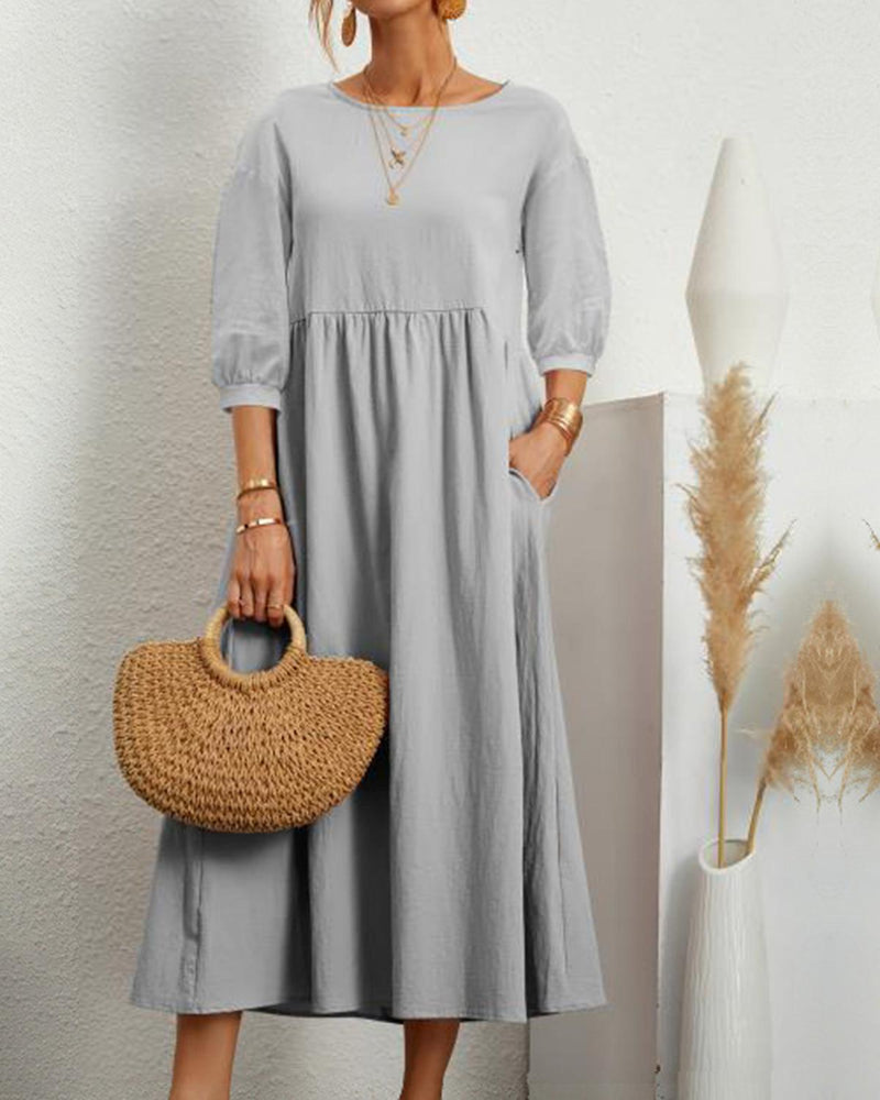 Damen Midi Dress With Round Neckline And Lantern Sleeves
