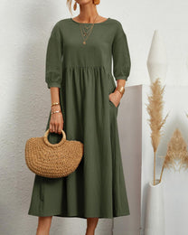 Damen Midi Dress With Round Neckline And Lantern Sleeves
