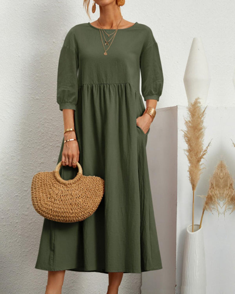 Damen Midi Dress With Round Neckline And Lantern Sleeves