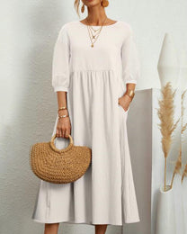 Damen Midi Dress With Round Neckline And Lantern Sleeves