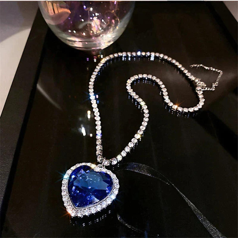 Elegant Blue Heart Crystal Necklace in S925 Silver