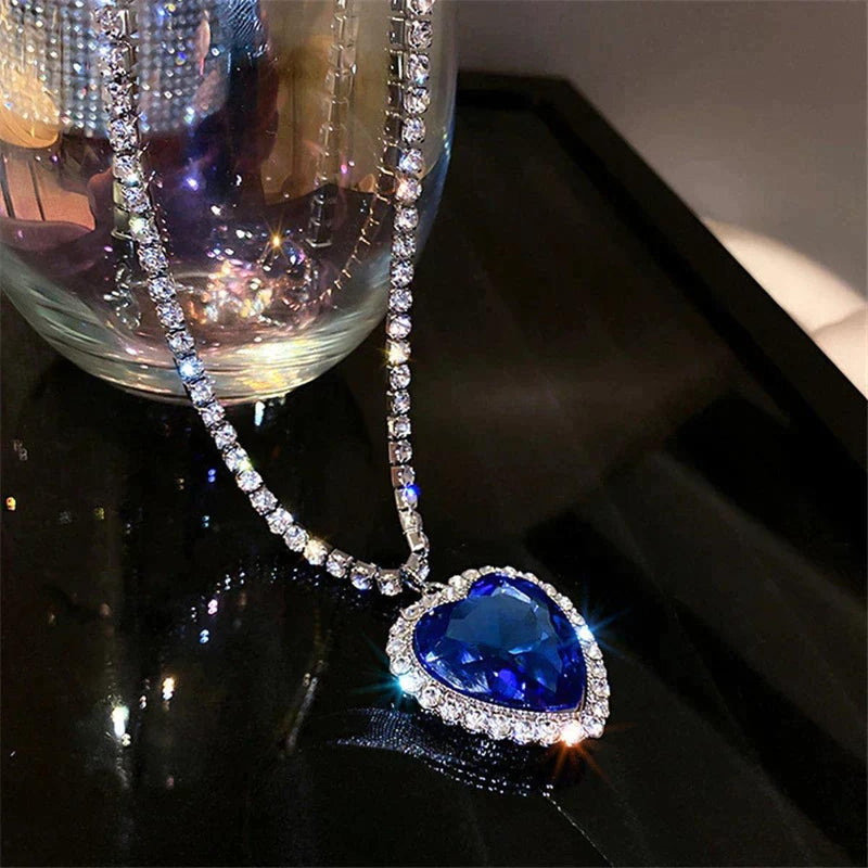 Elegant Blue Heart Crystal Necklace in S925 Silver