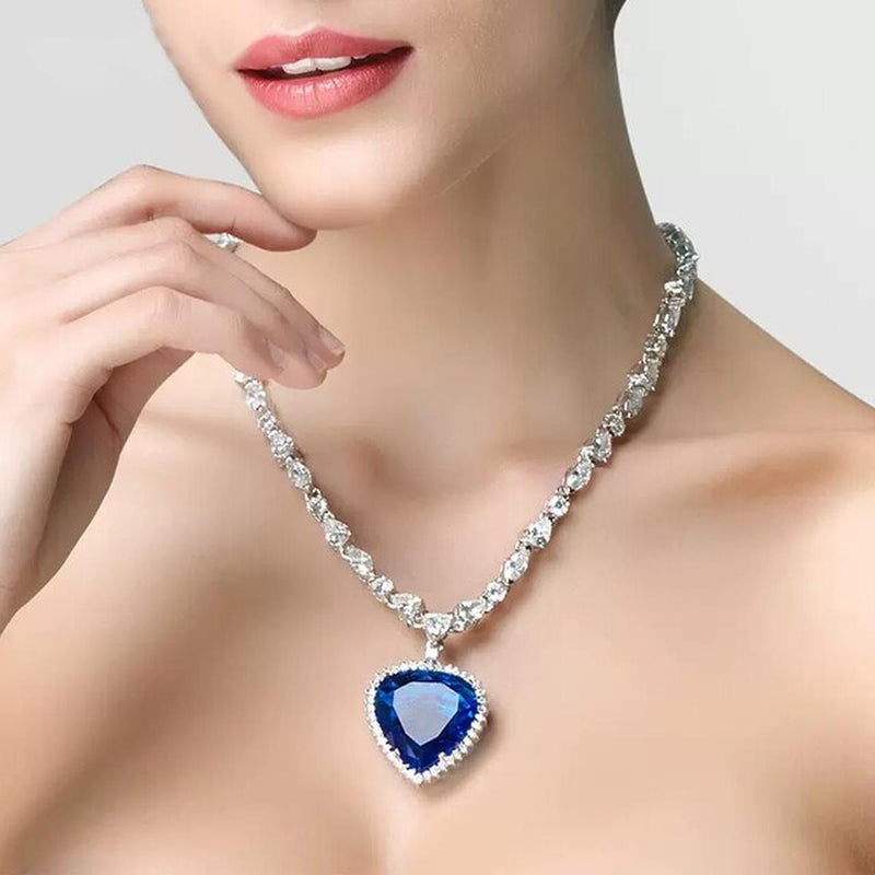 Elegant Blue Heart Crystal Necklace in S925 Silver
